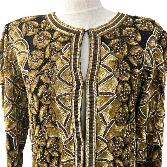 Vintage Handmade Silk Beaded Jacket M Gold India Wearable Art Collector Piece - Picture 3 of 16